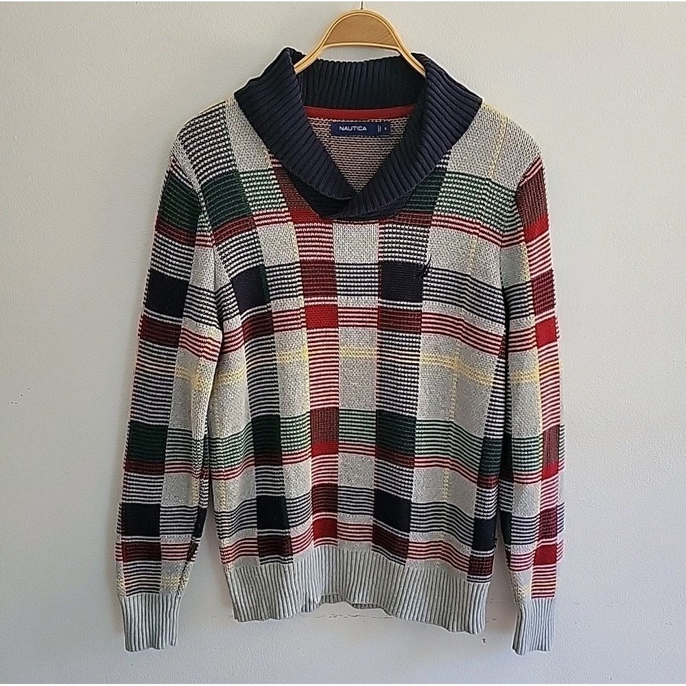 Nautica Sweater‎ Men Classic Fit Plaid Shawl Collar Academia Classic Preppy